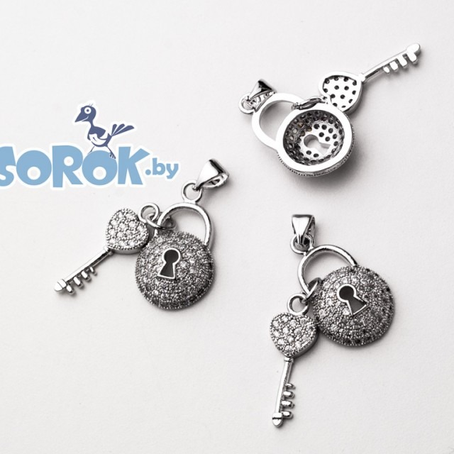 ПОДВЕСКА с цирконами, сердце с замком, серебро