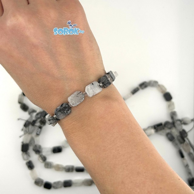 КВАРЦ рутиловый с турмалином, прямоугольник (12х8мм)