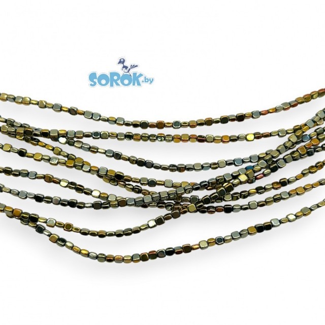 ГЕМАТИТ, квадрат рубка (плоский), зелено-золотой, 3x2мм