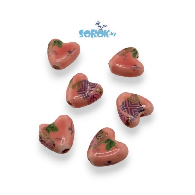 БУСИНА керамика, сердце этно, розовая, 15мм