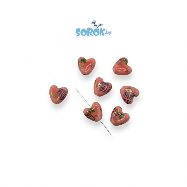 БУСИНА керамика, сердце этно, розовая, 15мм