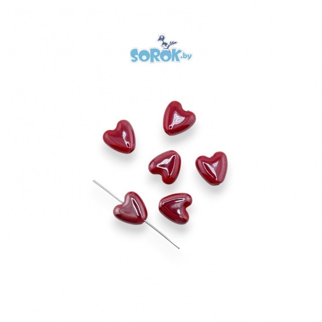 БУСИНА керамика, сердце, красная, 14мм