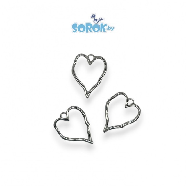 ПОДВЕСКА, контурное мятое сердце, цвет серебро, 37х28мм