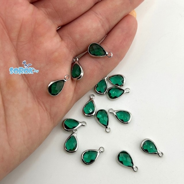ПОДВЕСКА, капля, Emerald, родий, 14х10мм