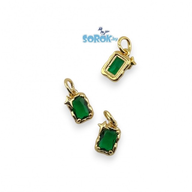 ПОДВЕСКА с цирконом Green, прямоугольник со звездой, позолота 24K, 10х6мм