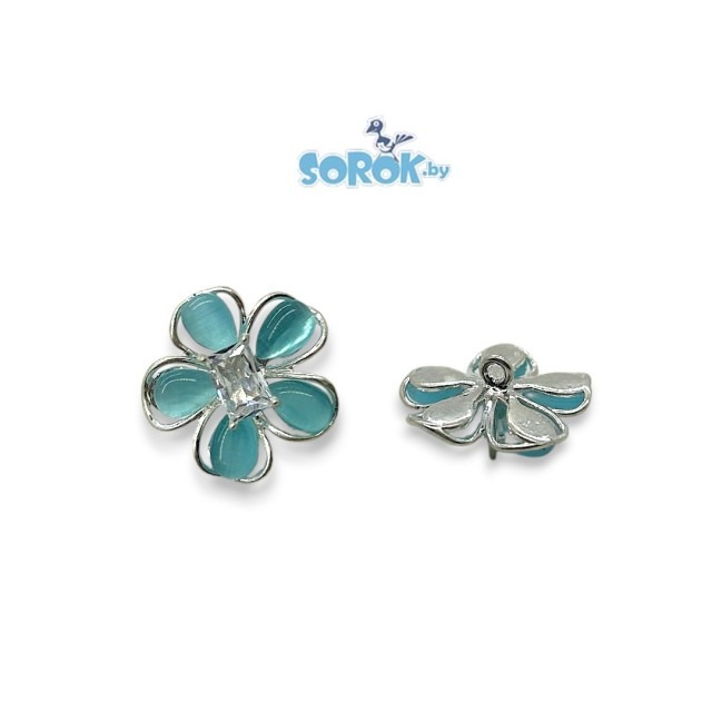 	ПОДВЕСКА с крупным цирконом, цветок сакуры, blue opal, родий, 16мм