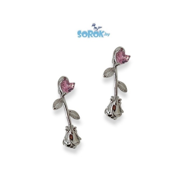 ПОДВЕСКА с цирконом Rose, цветущее сердце, родий, 29 x10мм