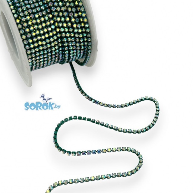 СТРАЗОВАЯ ЛЕНТА Crystal AB, оправа цвет изумруд (2х2мм)