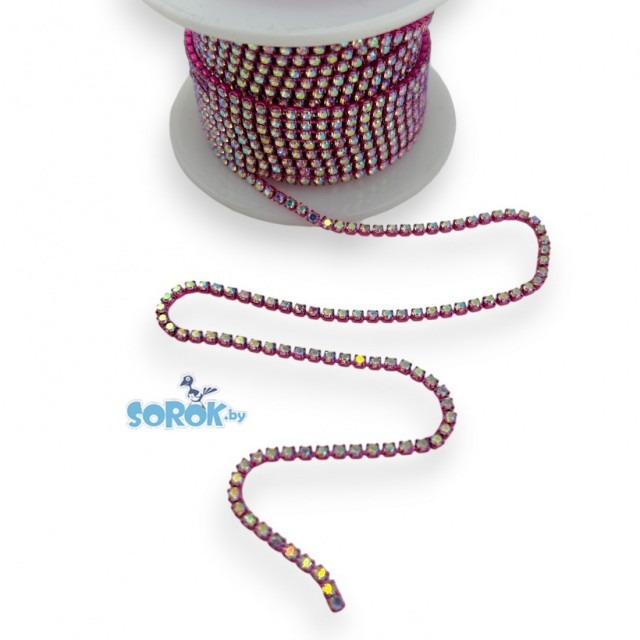 СТРАЗОВАЯ ЛЕНТА Crystal AB, оправа цвет фуксия (2х2мм)