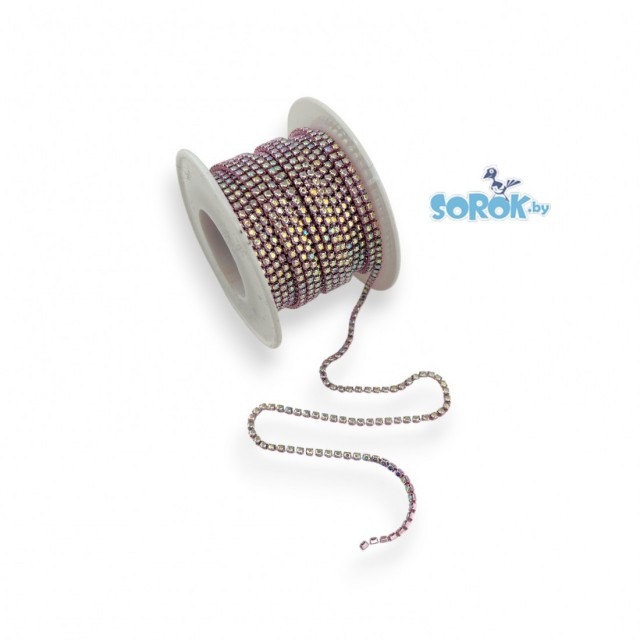 СТРАЗОВАЯ ЛЕНТА Crystal AB, оправа цвет бледная-роза (2х2мм)