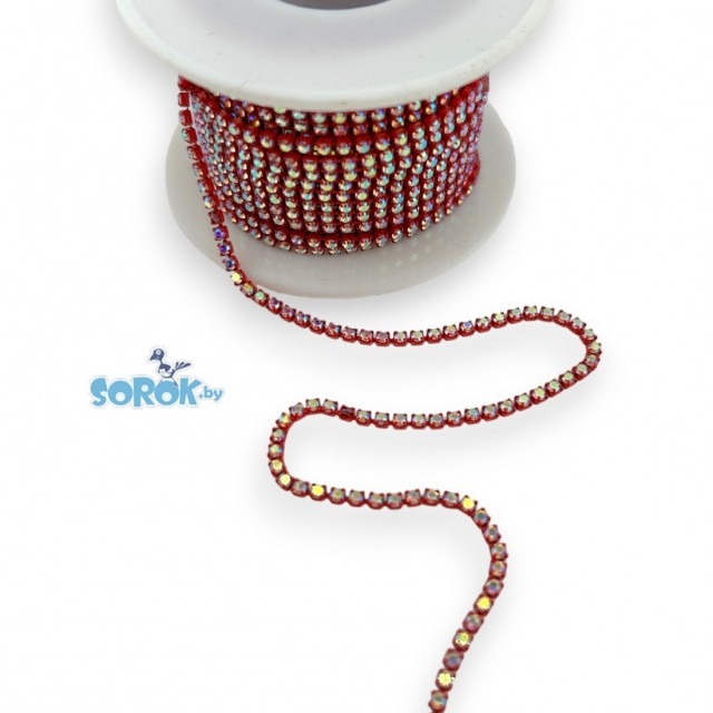 СТРАЗОВАЯ ЛЕНТА Crystal AB, оправа цвет красный (2х2мм)